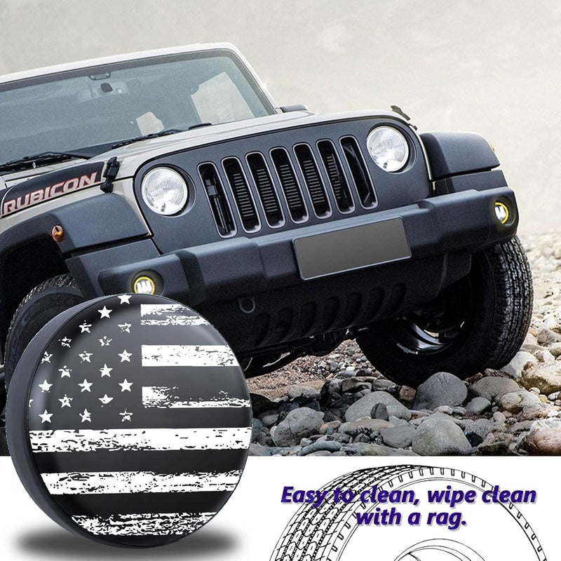 Jusen Black White Vintage American Flag Spare Tire Cover Protectors Weatherproof Dust-Proof for Fit for Jeep Wrangler RV, SUV, Truck Travel Trailer,Waterproof Tires 14" 15" 16" 17" 18'' - Image 5
